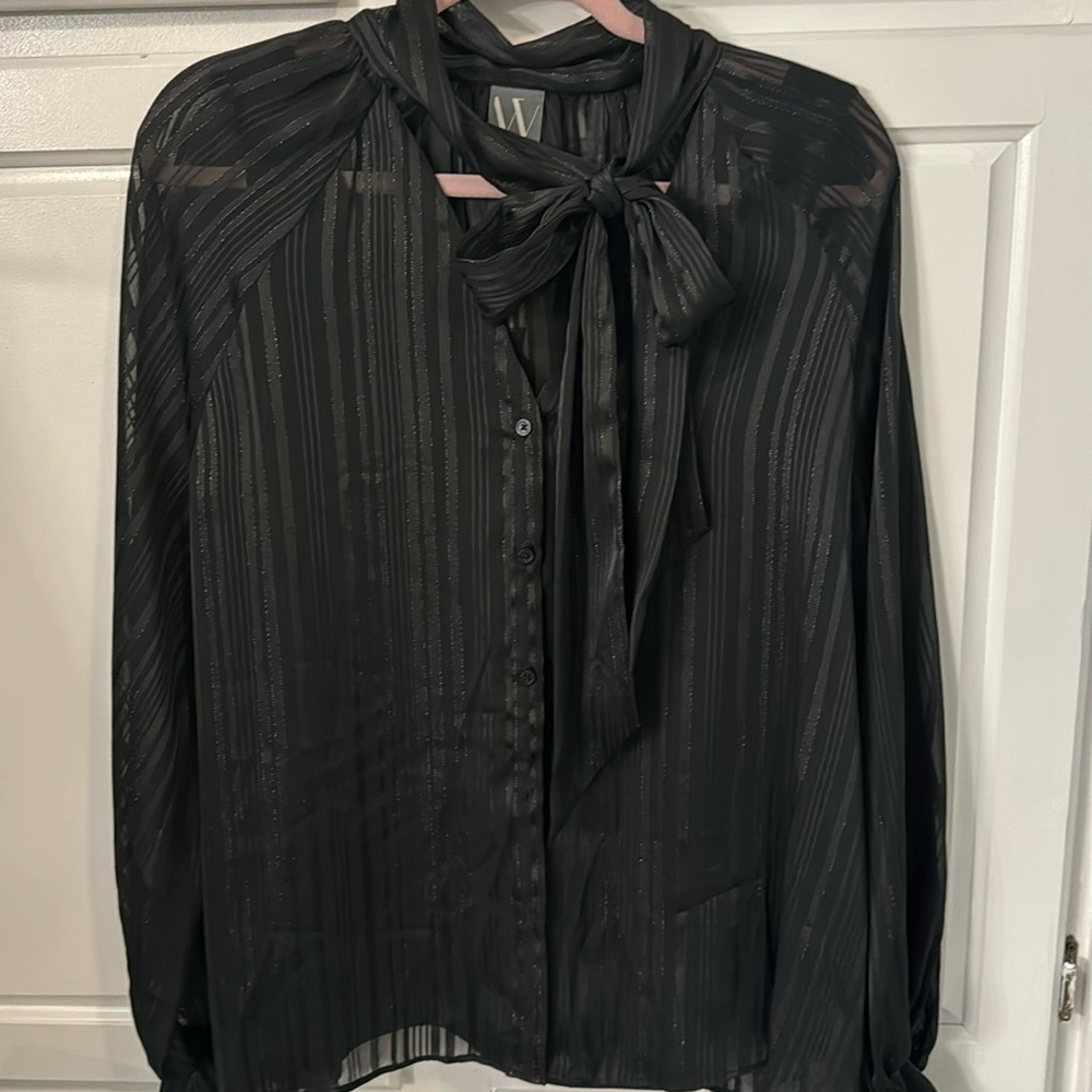 Worthington long sleeved black and metallic silver blouse with ruffled sleeves